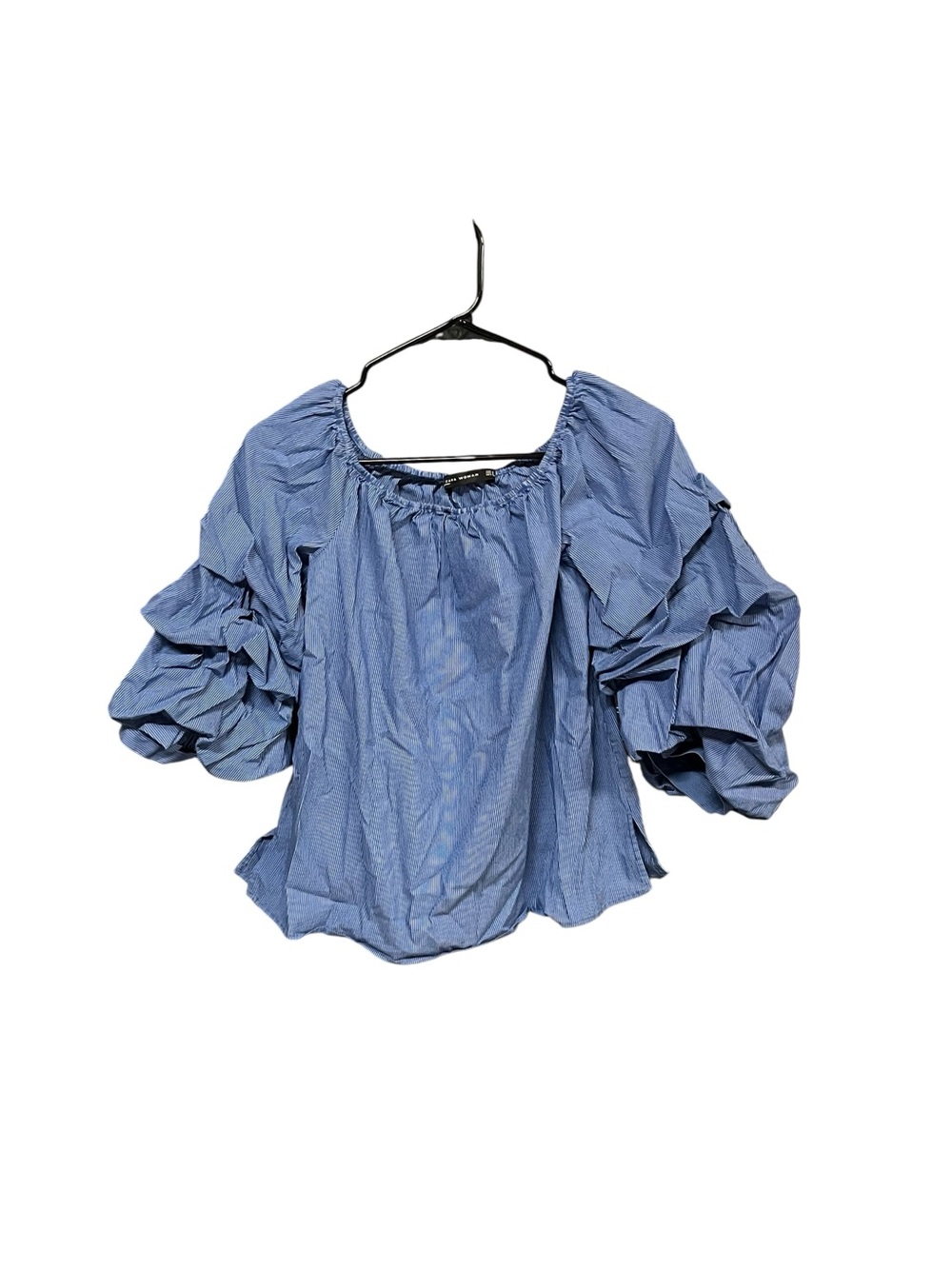 Zara Woman Blue Stripe Ruffle Puff Sleeve Blouse Top Small Cotton Stretch Boho